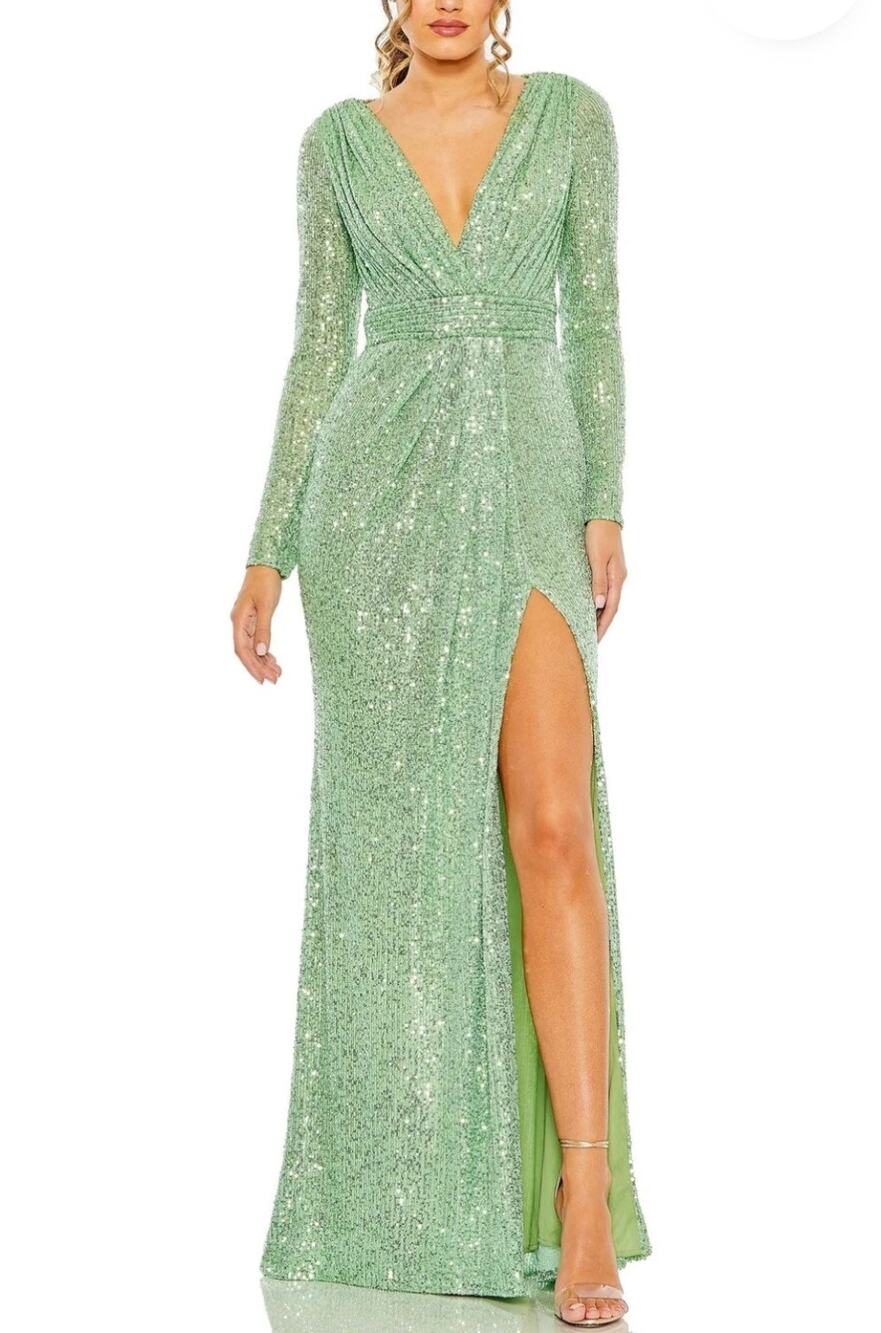 Mac Duggal 26490 Green Evening Gown Long Sleeve Sequined Column Dress Size 12